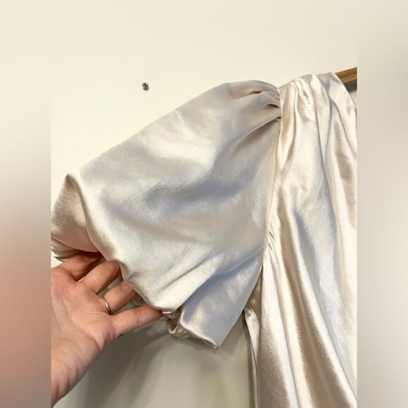 ELLIATT Cinda Satin Midi Dress in Pearl one shoulder puff sleeve bridal revolve - Picture 6 of 16